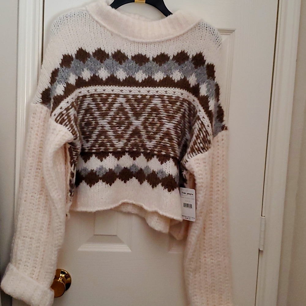 FREE PEOPLE NWT Alpine Pullover Snowy Forest Neutral Alpaca Wool Crop Sweater - Picture 3 of 6